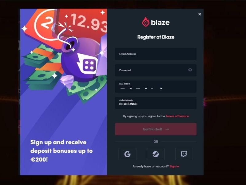 зарегистрироваться в Blaze