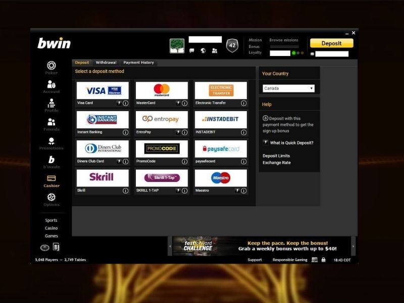Financiar a sua conta na Bwin