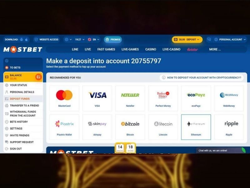 пополнить счёт в Mostbet